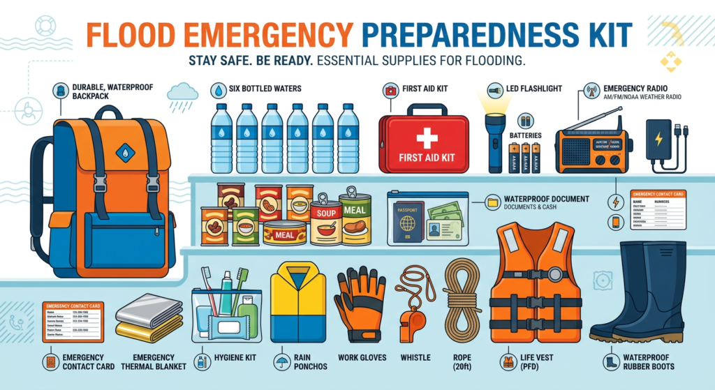 Breakdown of what is recommended to include in a Flood emergency preparedness kit.