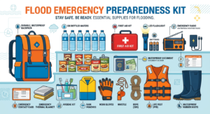 Breakdown of what is recommended to include in a Flood emergency preparedness kit.