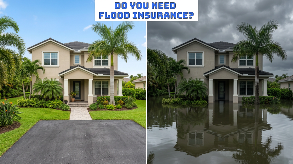 Split-screen comparison of a Palm Beach County home on a sunny day and the same home surrounded by floodwater after a storm, illustrating why homeowners may need flood insurance.