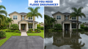 Split-screen comparison of a Palm Beach County home on a sunny day and the same home surrounded by floodwater after a storm, illustrating why homeowners may need flood insurance.