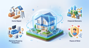 Modern infographic-style 3D illustration featuring a protected house surrounded by floating icons representing flood insurance benefits: home repair, personal property protection, financial recovery, and peace of mind. Clean corporate design, white background, blue gradient accents, professional insurance industry branding aesthetic, highly polished, minimalist composition, blog header ready, ultra-high resolution, no text.