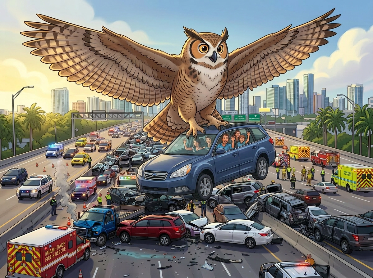 Cronin Insurance Agency owl rescuing Florida drivers from a highway accident