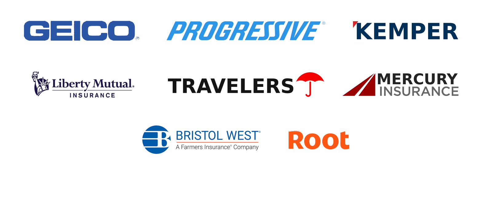 GEICO, Progressive, Kemper, Liberty Mutual, Travelers, Mercury, Bristol West, Root