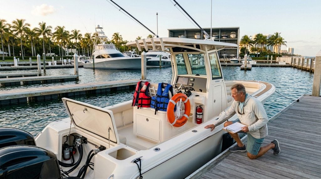Florida boat owner inspecting a recreational boat with life jackets, flotation device, and fire extinguisher at a South Florida marina.