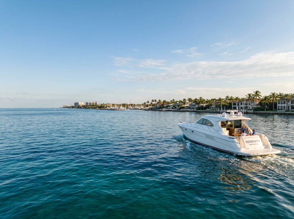 Boat cruising through calm waters near Boca Raton, Florida, during the fall boating season.