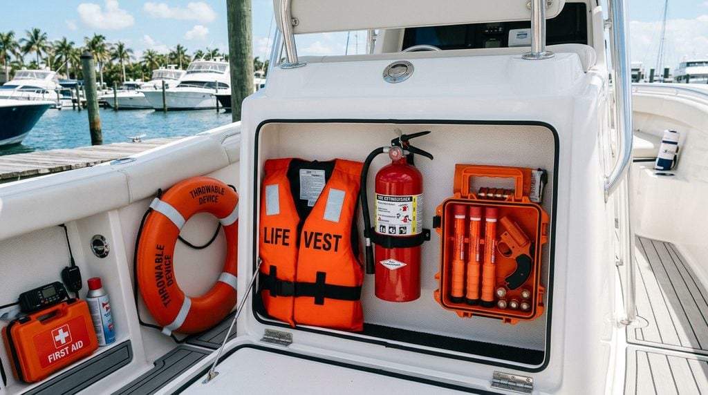 Florida boat safety equipment including life jacket, throwable flotation device, First Aid-Kit, Fire Extinguisher, and distress signal flares at a South Florida marina.