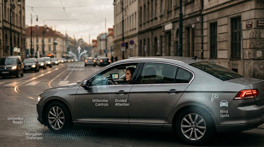 Driver navigating an unfamiliar rental car through city traffic, highlighting risk factors that can affect auto insurance coverage and rental car driving. OR Driver navigating an unfamiliar rental car through a city, illustrating unfamiliar roads, vehicle controls, blind spots, navigation challenges, and divided attention.