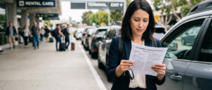 Traveler reviewing a personal auto insurance policy and rental car coverage while standing beside a rental vehicle at an airport car rental facility.