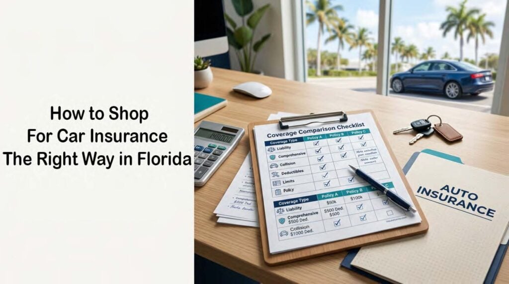 How to shop for car insurance in Florida, featuring an auto insurance coverage comparison checklist with liability limits, comprehensive and collision coverage, deductibles, and policy options on a desk beside car keys and a vehicle in South Florida.