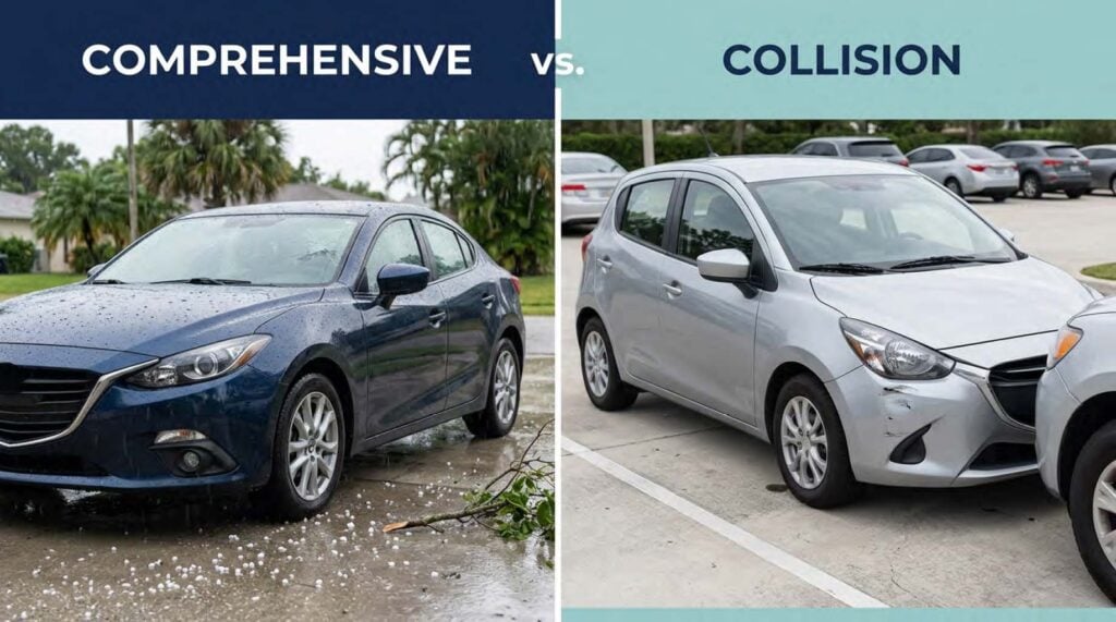 Comprehensive vs. collision car insurance coverage in Florida, illustrated by a vehicle exposed to hail and storm damage compared with a car showing front bumper damage from a collision.