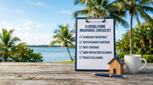 Florida home insurance checklist highlighting hurricane deductibles, water damage coverage, roof replacement coverage, wind mitigation discounts, and policy exclusions, with a miniature house and clipboard overlooking a tropical waterfront.
