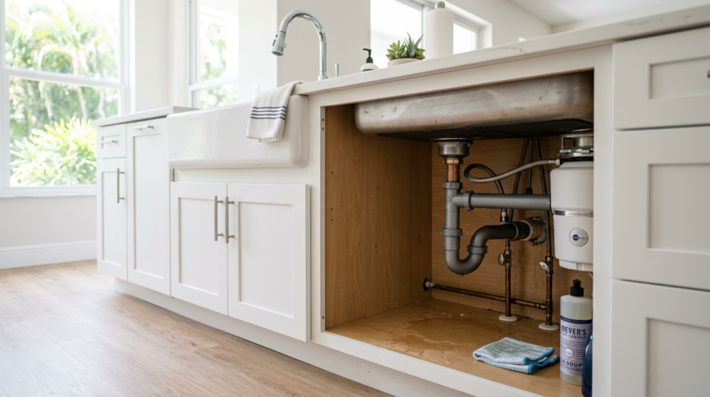 Under-sink plumbing with signs of water leakage in a South Florida home, highlighting potential water damage risks and homeowners insurance coverage considerations.