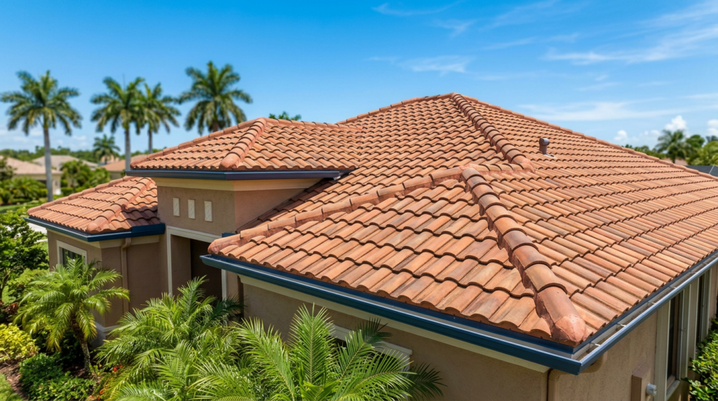 Florida home insurance coverage for a South Florida home with a red clay tile roof in good condition, highlighting the importance of roof replacement coverage and hurricane protection.