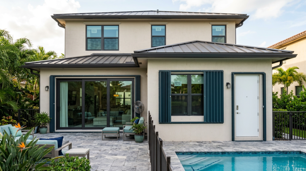 Modern South Florida home with metal roofing, impact-resistant windows, and exterior opening protection, highlighting wind mitigation features that may help lower homeowners insurance premiums in Florida.