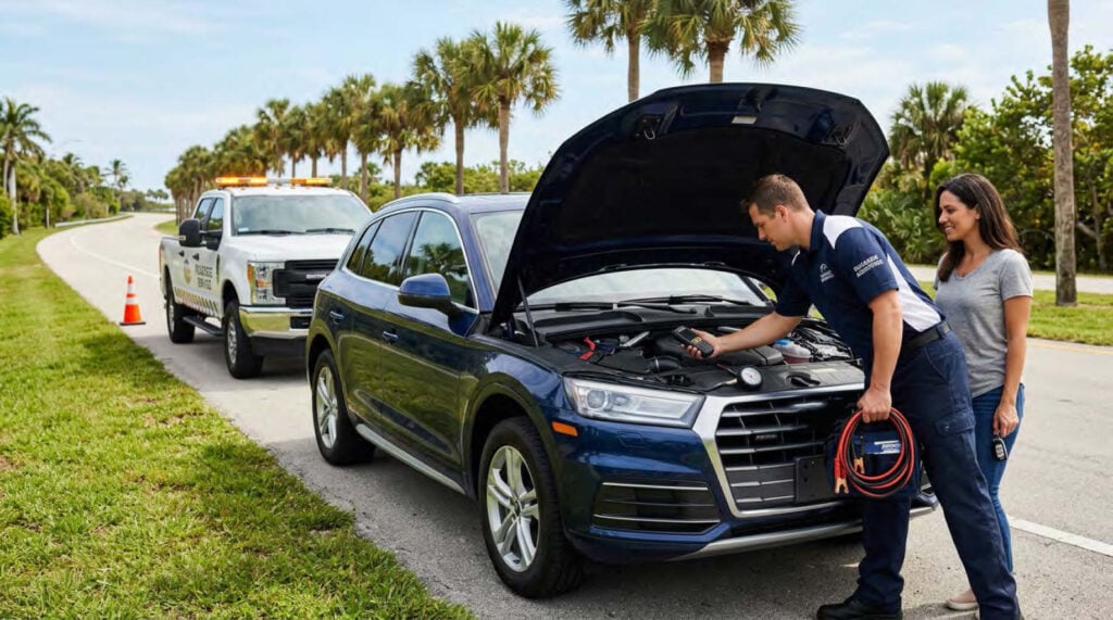 Roadside assistance for Florida drivers, showing a mechanic using jumper cables to help a couple with a disabled SUV on a South Florida road, illustrating the benefits of roadside assistance coverage in an auto insurance policy.